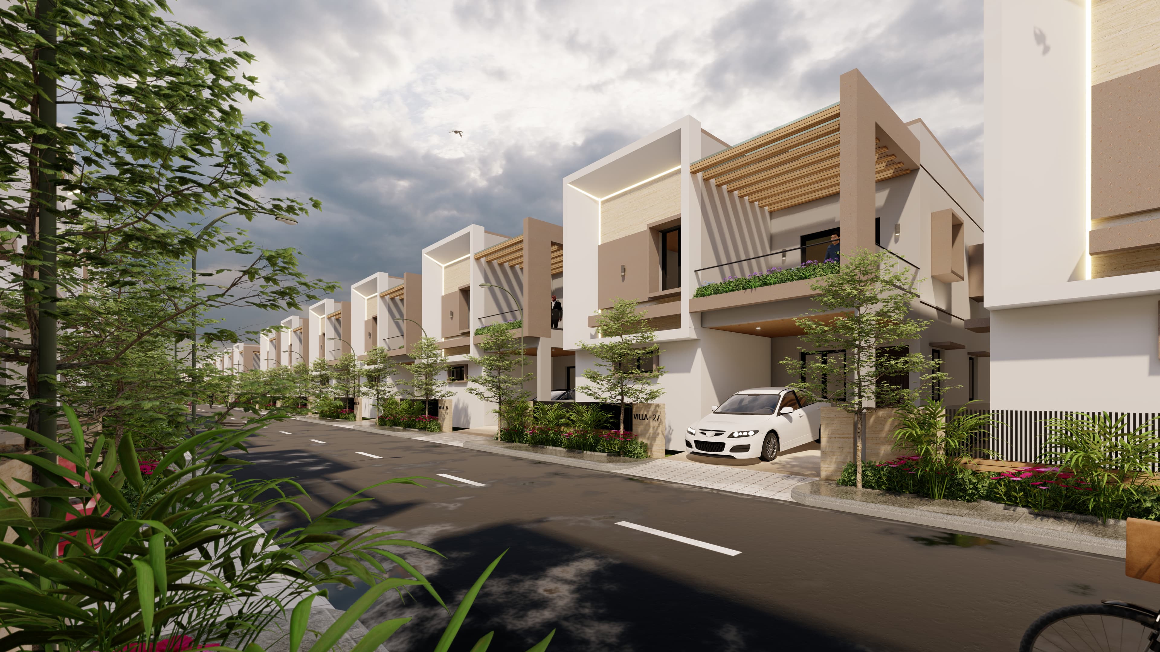 Tranquil Meadows community street view with all independent villas in a row